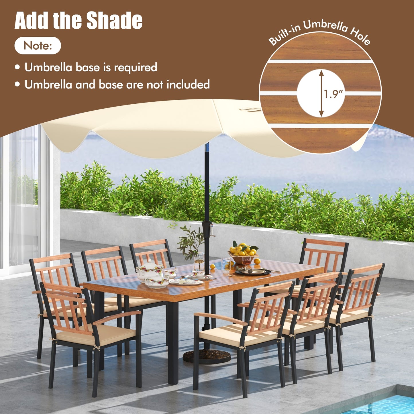 Ensemble de salle à manger de patio de 9 pièces, table en bois d'acacia de 39,5 pouces, chaises de 24 pouces, naturel