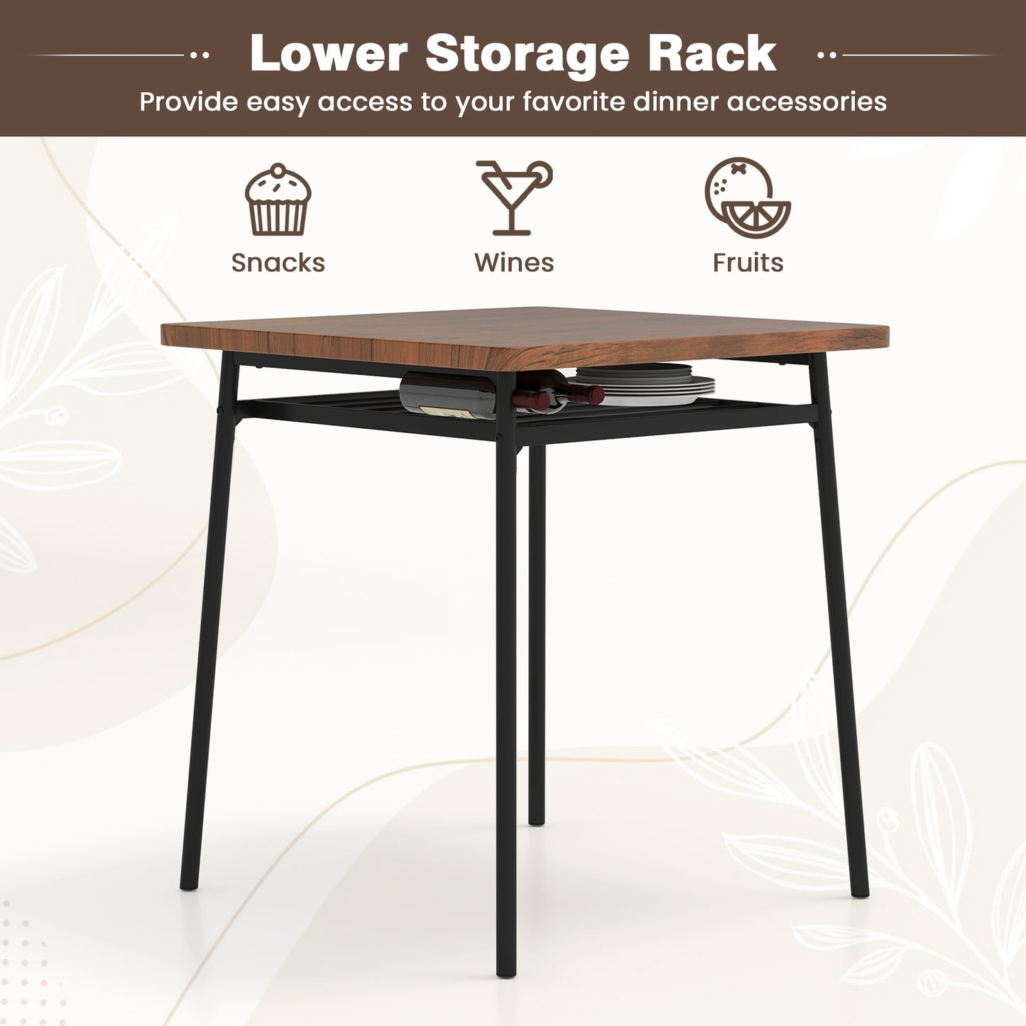 Ensemble de table à manger 3 pièces pour 2 personnes, table carrée en bois avec cadre métallique, marron