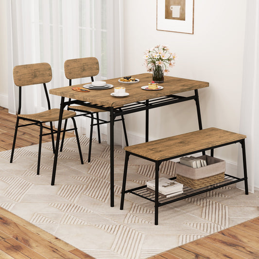 4 Piece Dining Table Set for 4 Metal Frame with Bench and 2 Chairs, Brown Dining Room Sets Brown at Gallery Canada