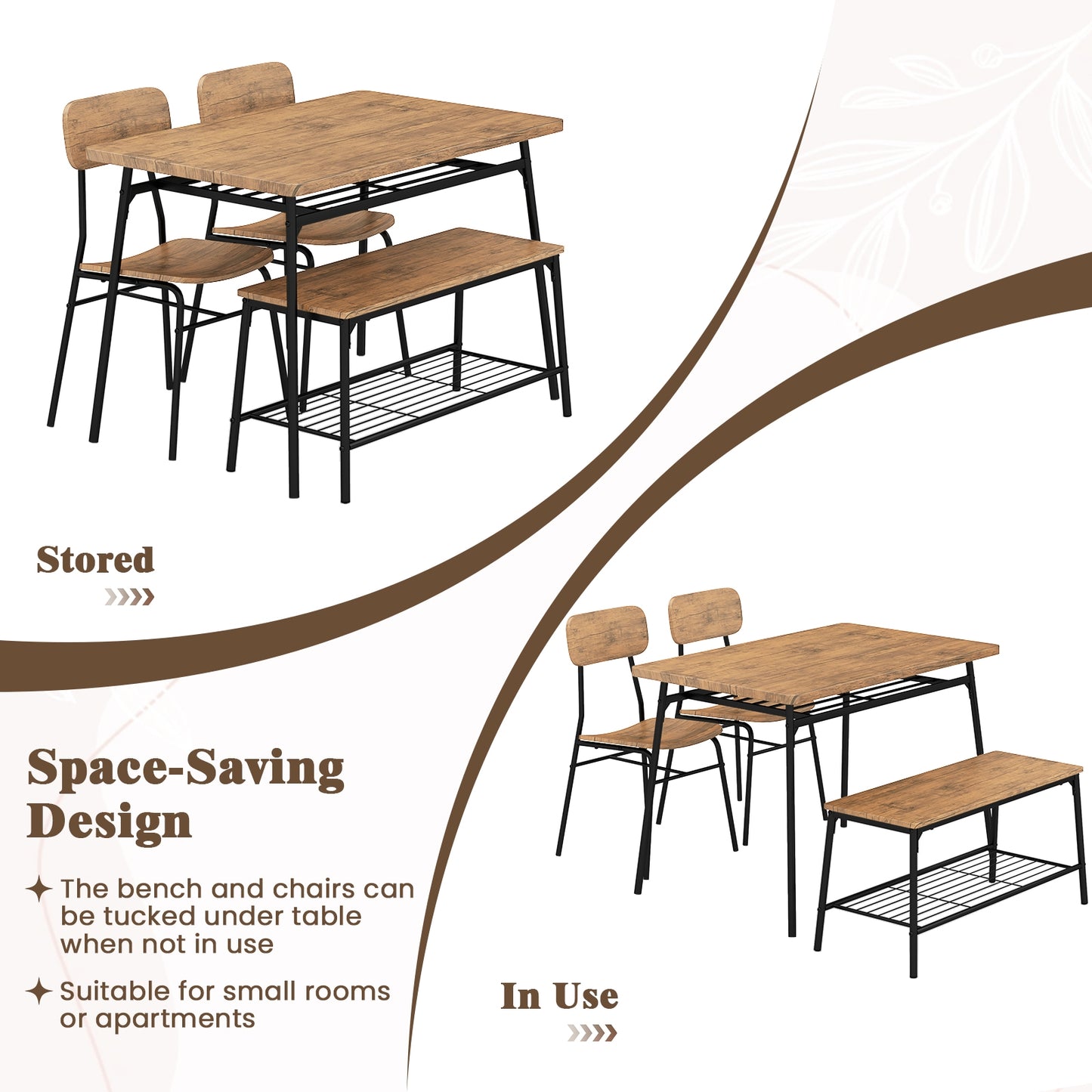 4 Piece Dining Table Set, Metal Frame With Bench And 2 Chairs, Brown Dining Room Sets at Gallery Canada