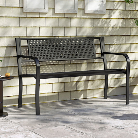 50 Inches Garden Bench, Patterned Backrest, Curved Armrests, Black Outdoor Benches Black at Gallery Canada