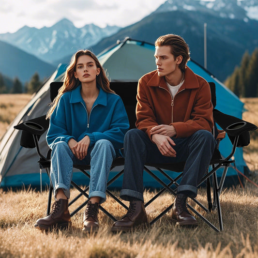 Double Camping Chair 2-Person Outdoor Folding Loveseat with Cup Holders, Black Camping Furniture Black at Gallery Canada