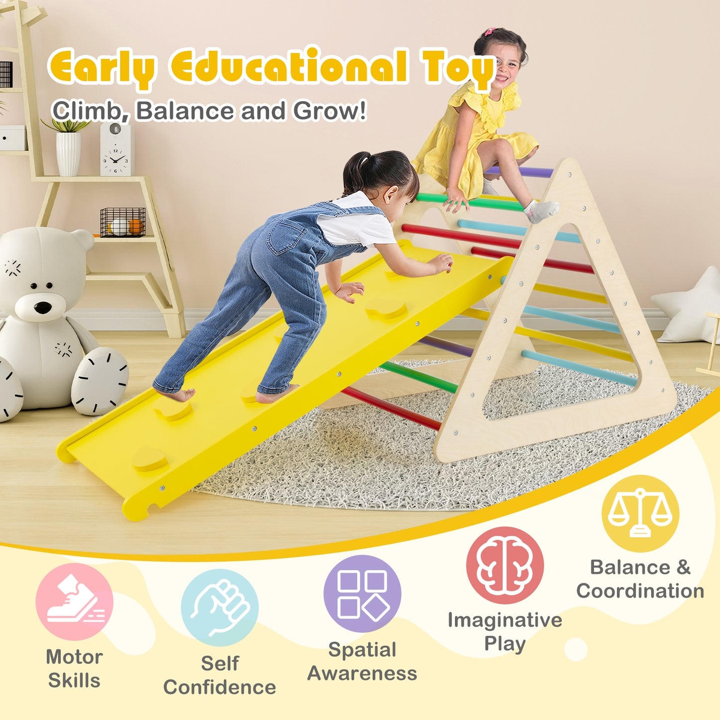 3 Piece Toddler Triangle Set Montessori with 2 Climbing Triangles and 1 Ramp-Colorful, Color Climbers & Slides at Gallery Canada