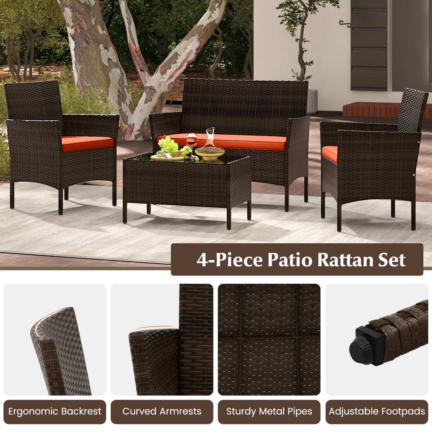 4 Piece Patio Rattan Conversation Set with Cozy Seat Cushions, Orange Patio Conversation Sets at Gallery Canada