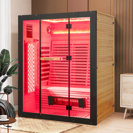 Infrared Wooden Sauna Room for 3 People with Heating Panels and Red Light Tubes Sauna Natural, Black at Gallery Canada