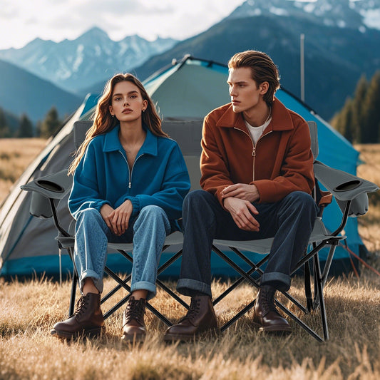 Double Camping Chair 2-Person Outdoor Folding Loveseat with Cup Holders, Gray Camping Furniture Gray at Gallery Canada