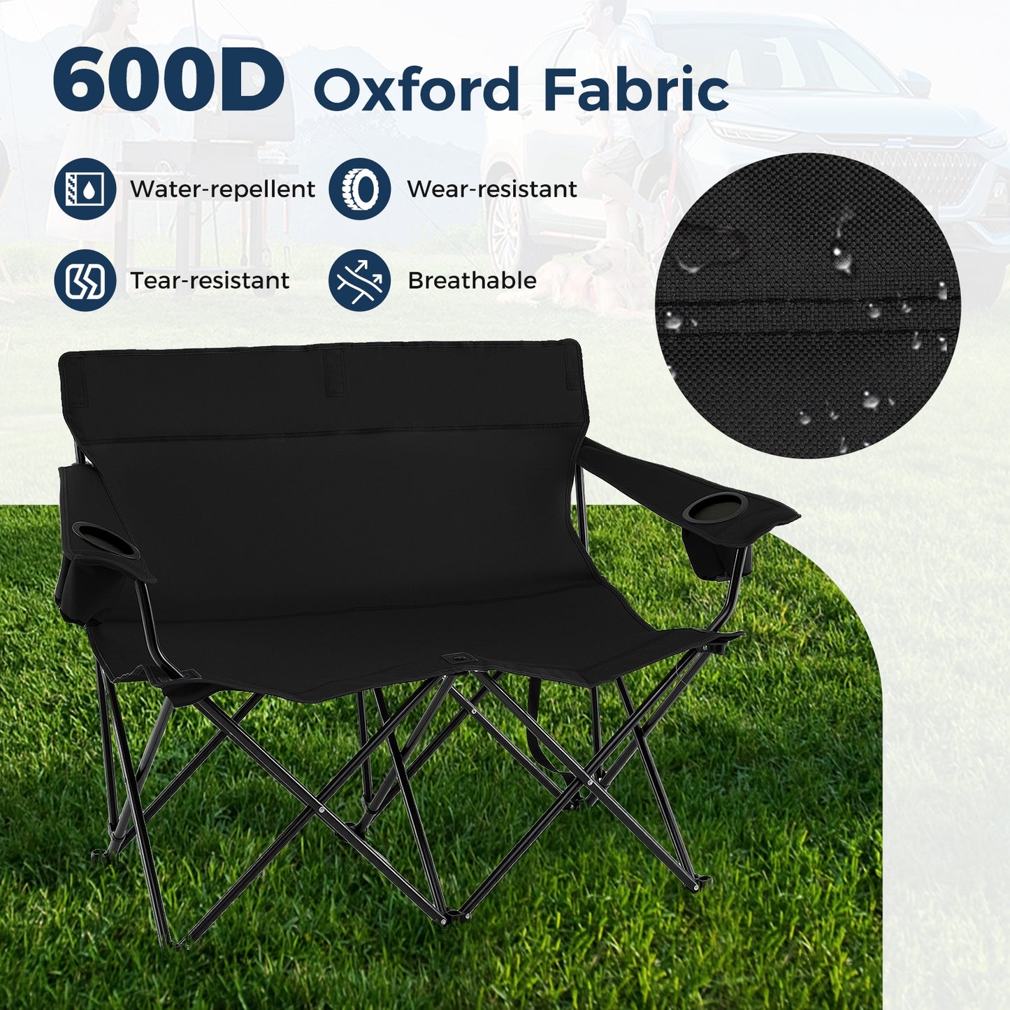 Double Camping Chair, 2-Person Outdoor Folding Loveseat, Black Camping Furniture at Gallery Canada