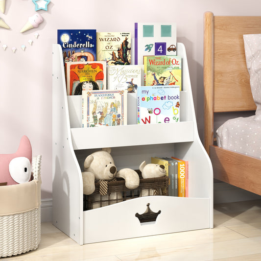 4-Tier Kids Bookshelf With Shelves, Compartment, White