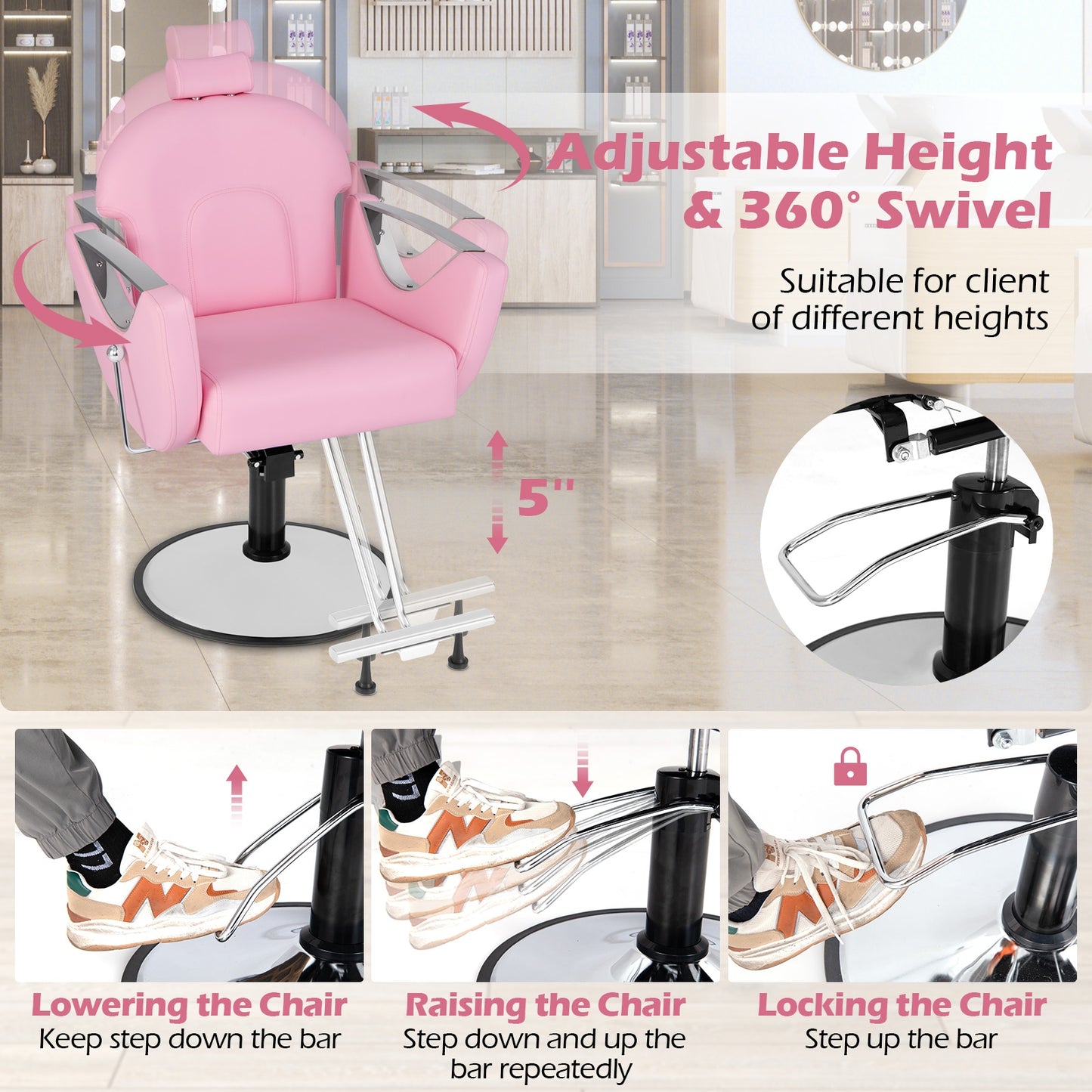 360° Swivel Reclining Salon Chair, Pink Spa & Salon at Gallery Canada