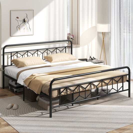 King Size Platform Bed, High Headboard, Metal Slats, Black