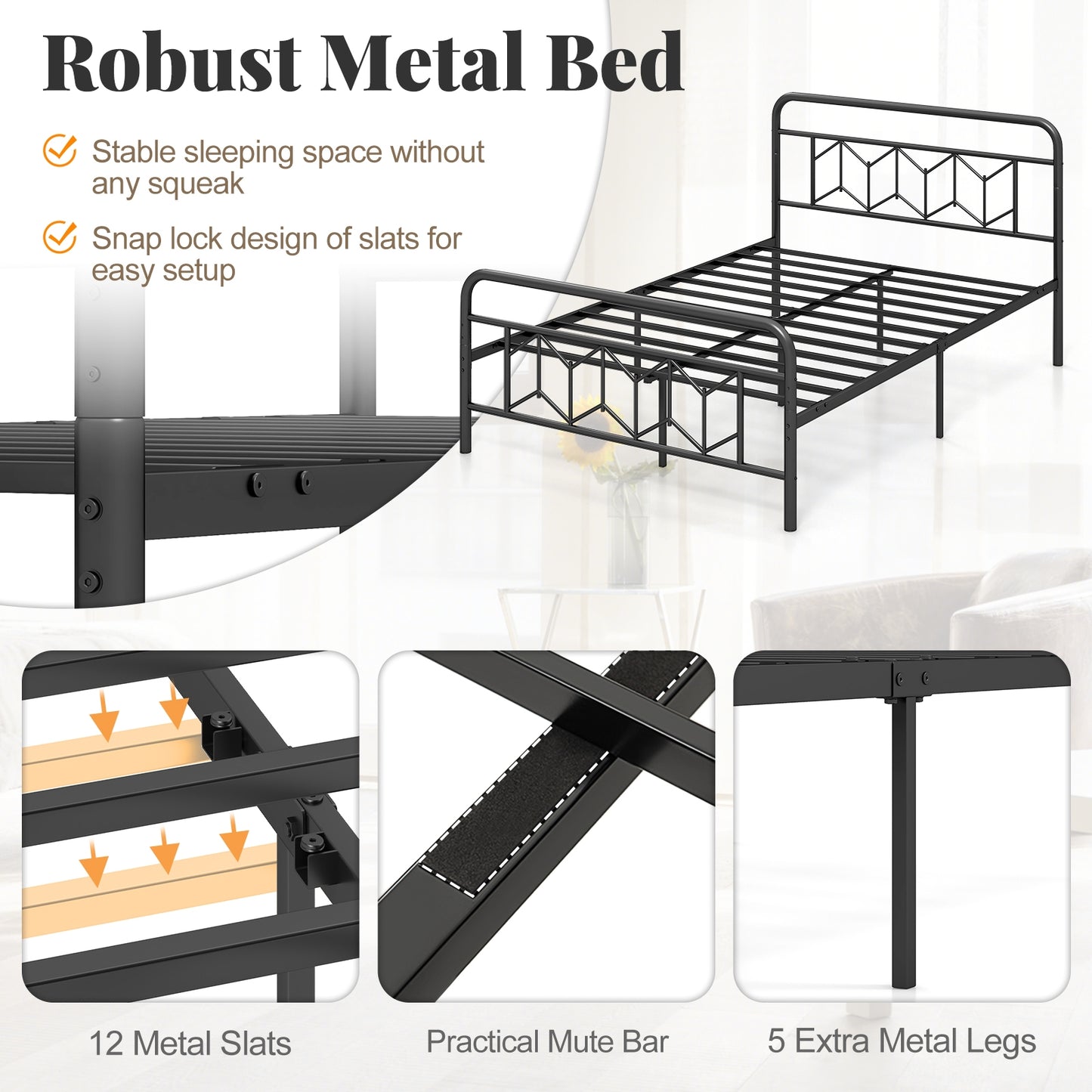 Full Size Platform Bed, High Headboard, Snap Lock Metal Slats, Black Simple Bed Frame at Gallery Canada