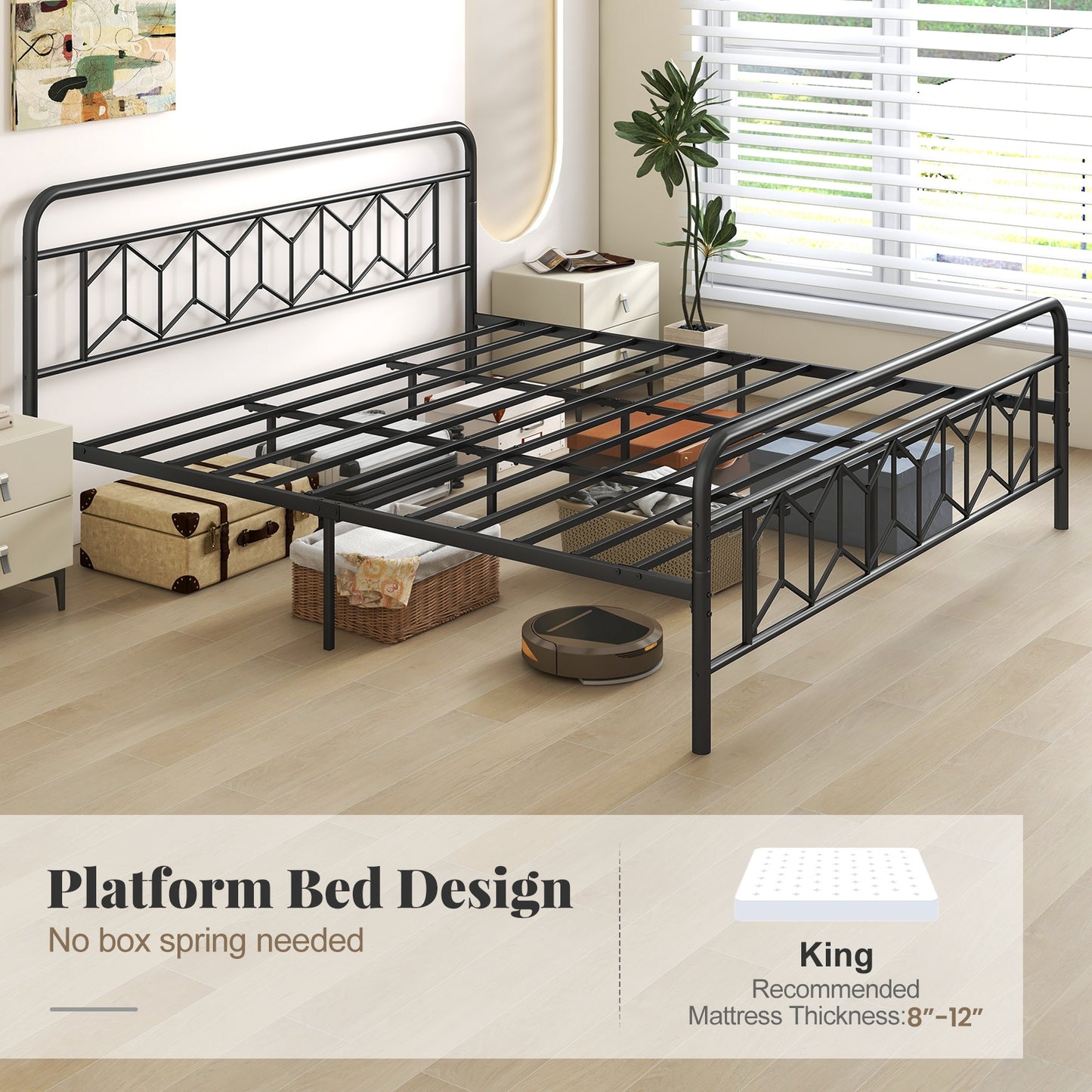 King Size Platform Bed, High Headboard, Metal Slats, Black Simple Bed Frame at Gallery Canada