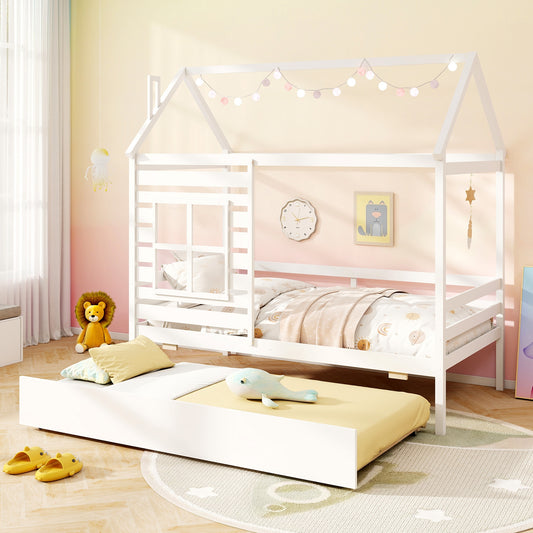 Twin Size Wooden Platform House Bed With Trundle, White Trundle Bed Frame White at Gallery Canada