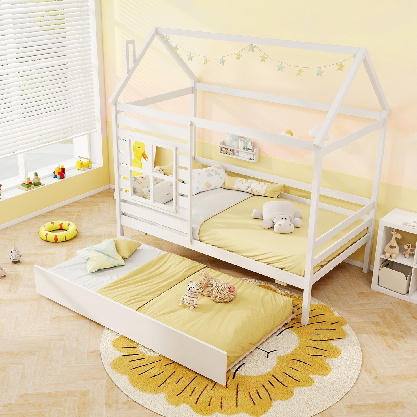 Twin Size Wooden Platform House Bed With Trundle, White Trundle Bed Frame at Gallery Canada