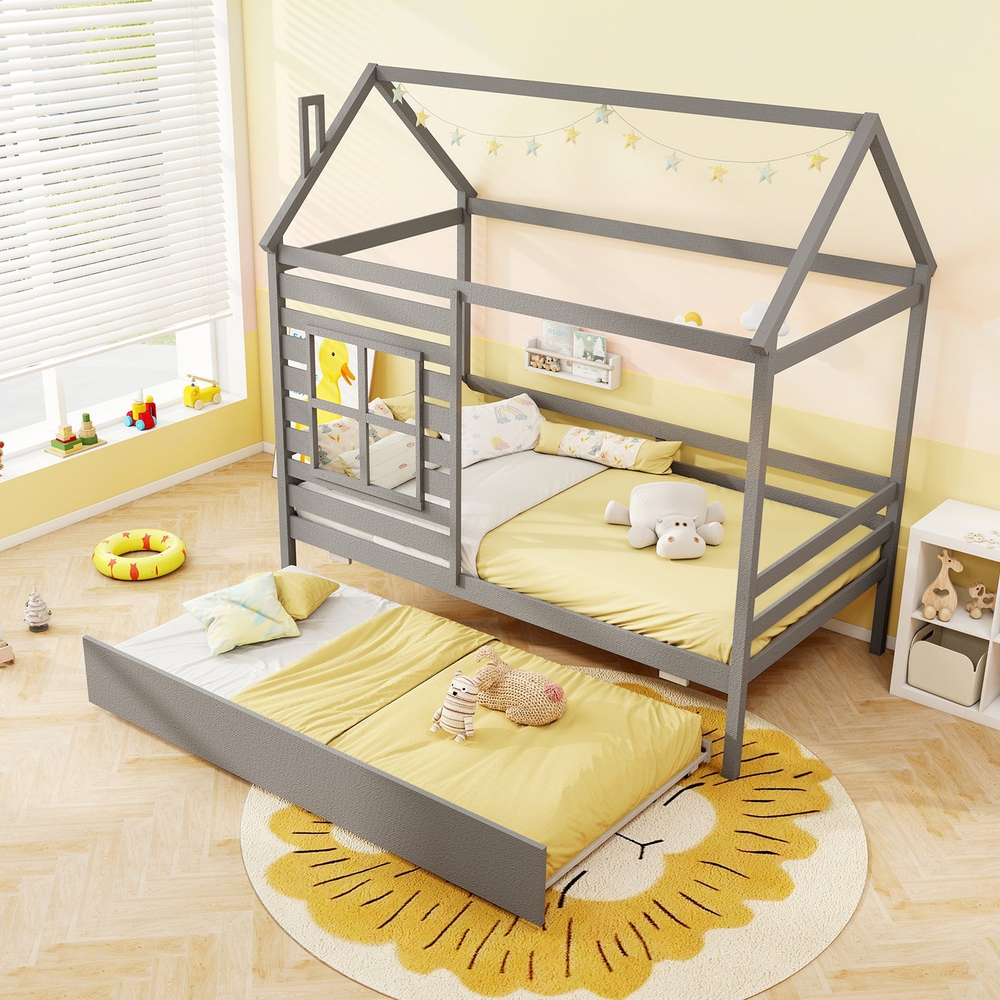 Twin Size Wooden Platform House Bed With Trundle, Gray Trundle Bed Frame at Gallery Canada
