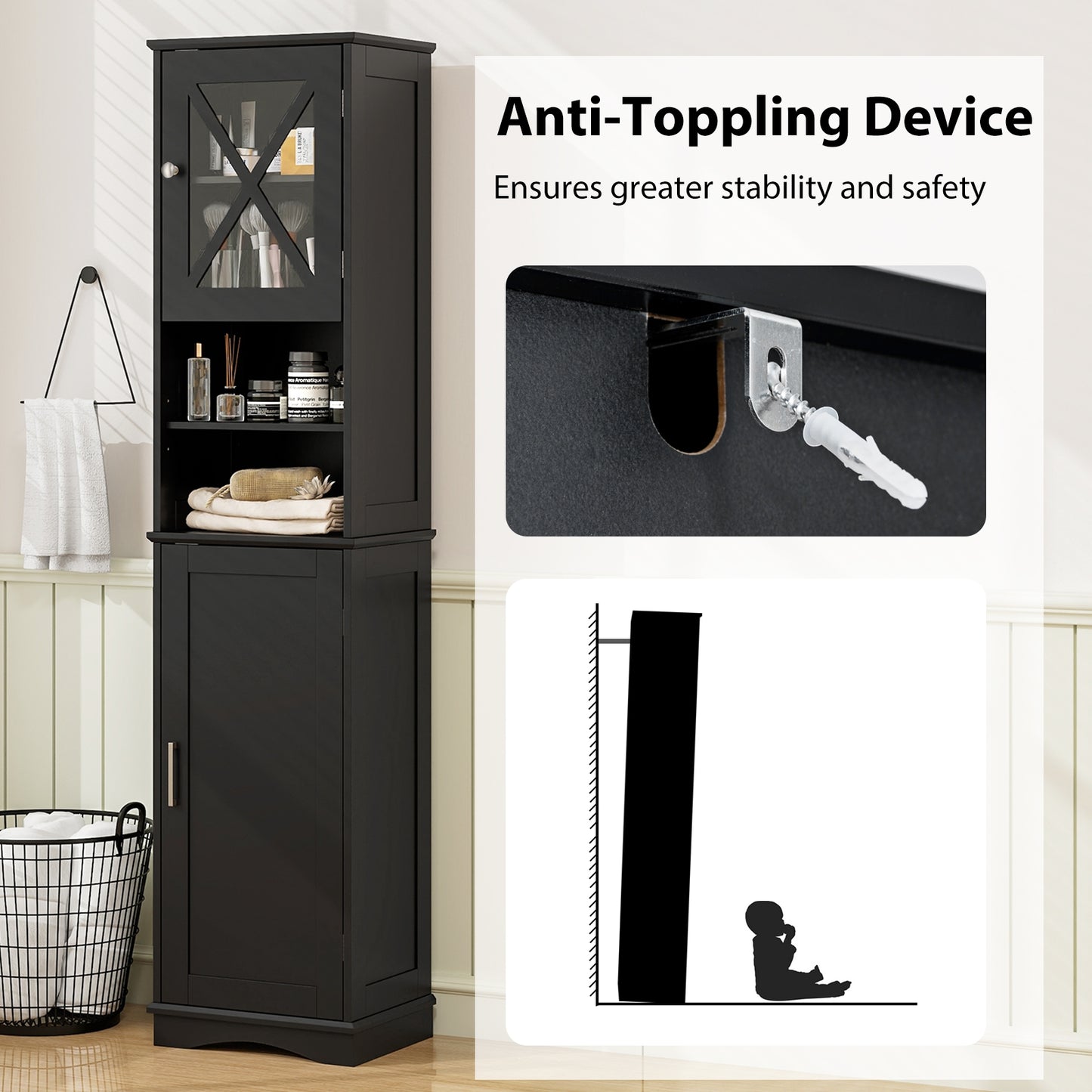 67 Inch Tall Bathroom Cabinet Freestanding Storage Cabinet with 5 Adjustable Shelves, Black Floor Cabinets at Gallery Canada