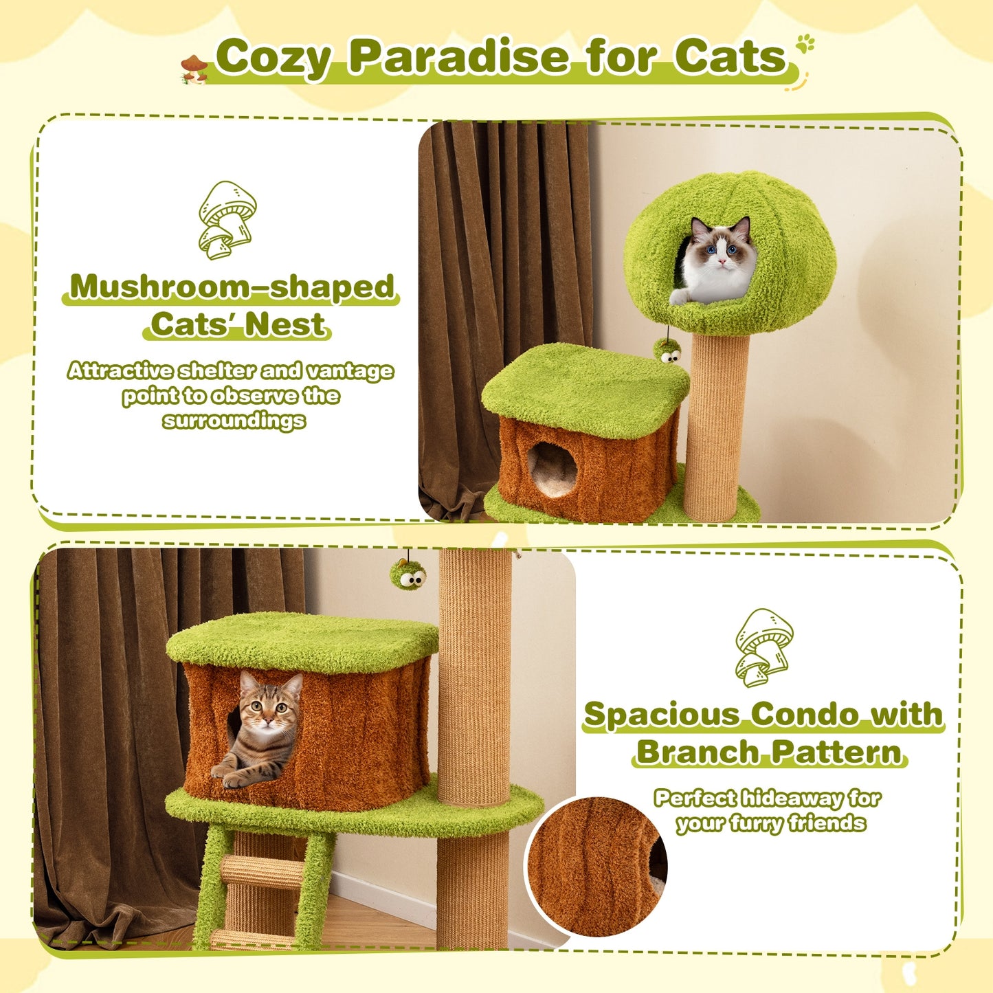 Cute Cat Tree for Indoor Cats with Mushroom-shaped Nest Condo and Climbing Ladder, Green Cat Trees Condos & Scratchers at Gallery Canada
