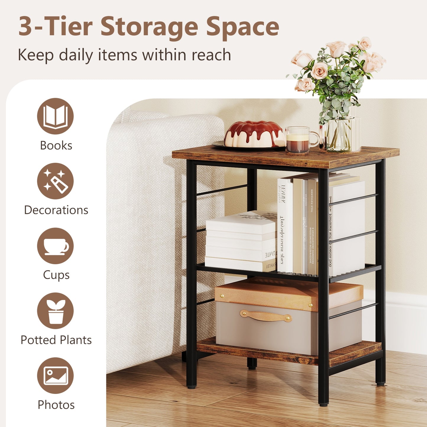 3-Tier End Table Set of 2 Side Table with Storage Shelves Metal Frame, Rustic Brown End & Side Tables at Gallery Canada