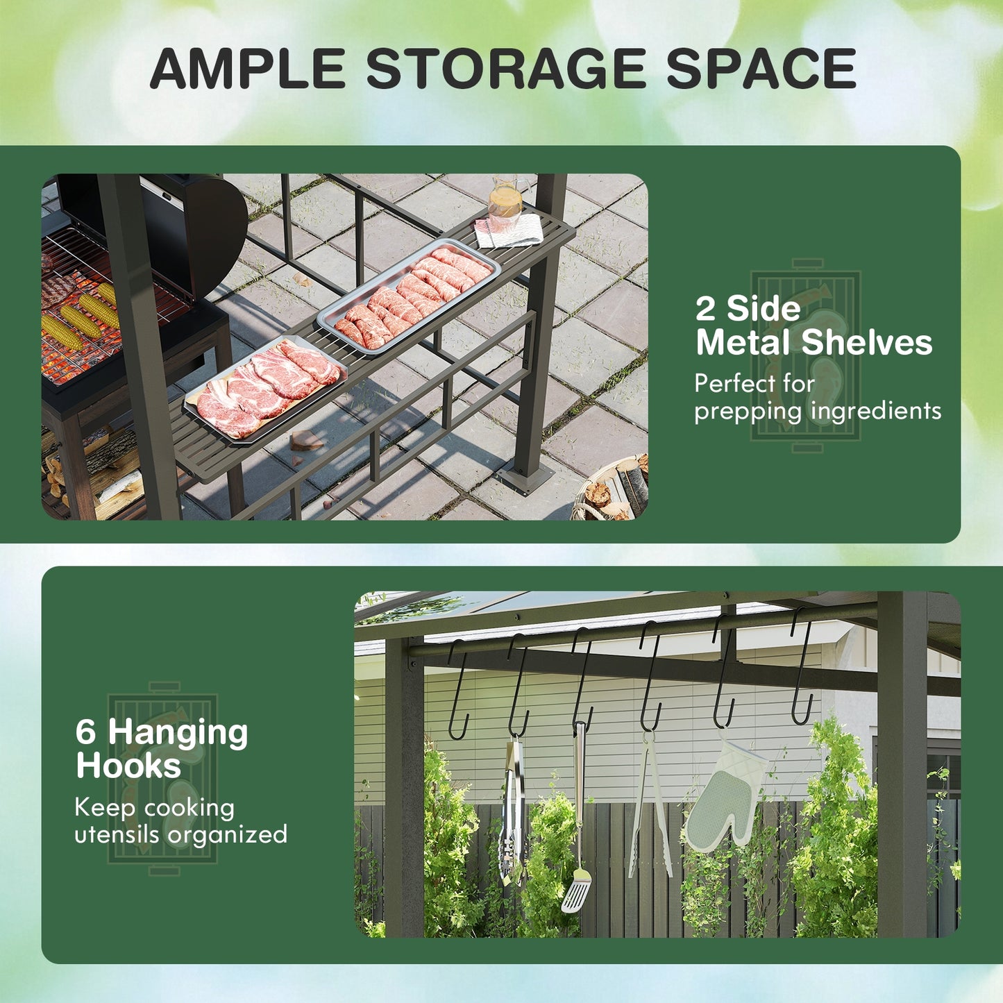 Hardtop Grill Gazebo with Vented Polycarbonate Roof Side Shelves, Black Gazebos at Gallery Canada