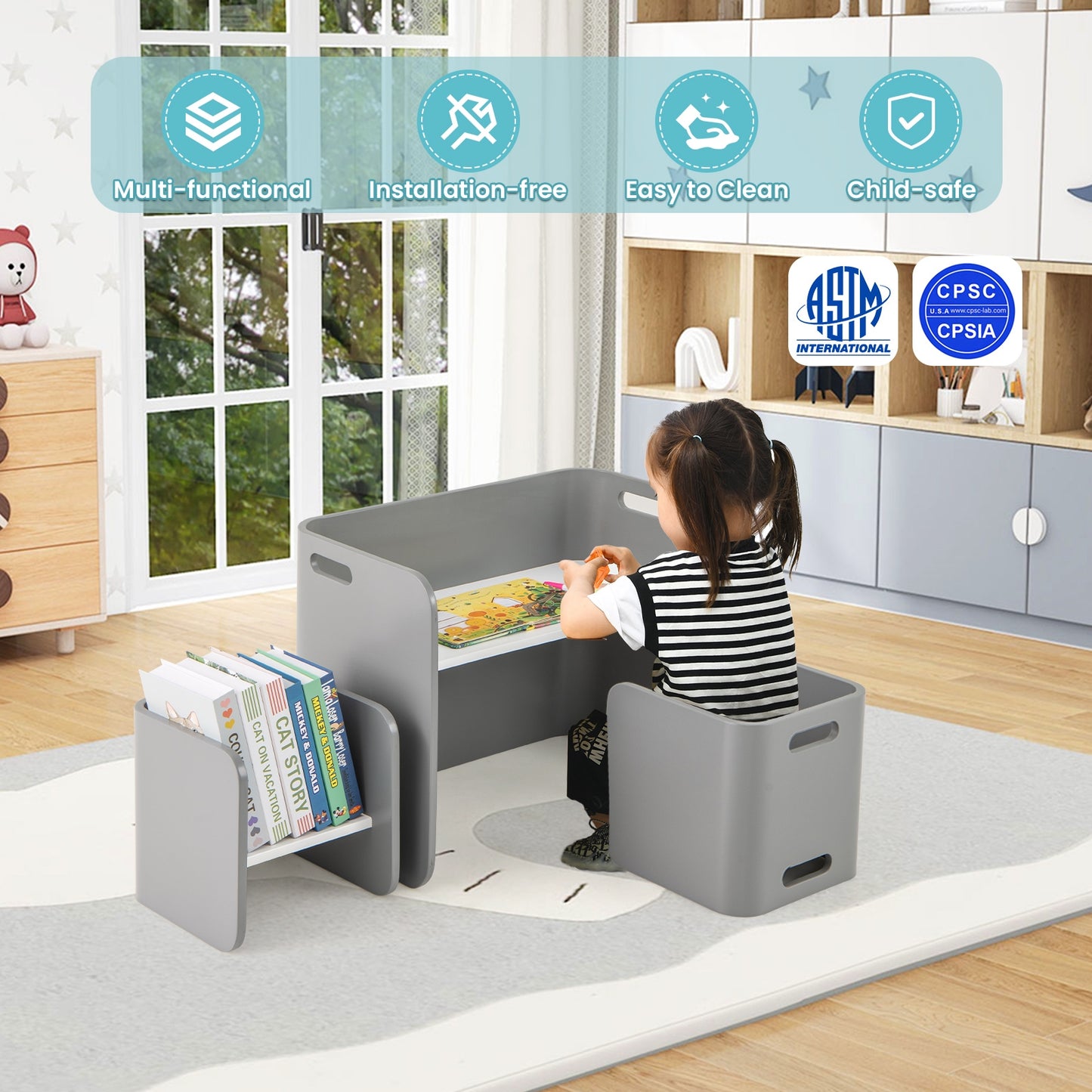 Kids Wooden Table And Chair Set, 3 Pieces, Gray