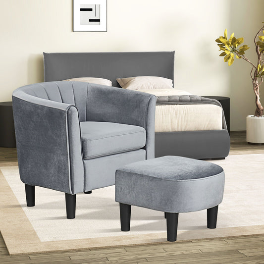 Upholstered Teddy Velvet Club Barrel Chair with Ottoman with Footrest, Gray Accent Chairs Gray at Gallery Canada