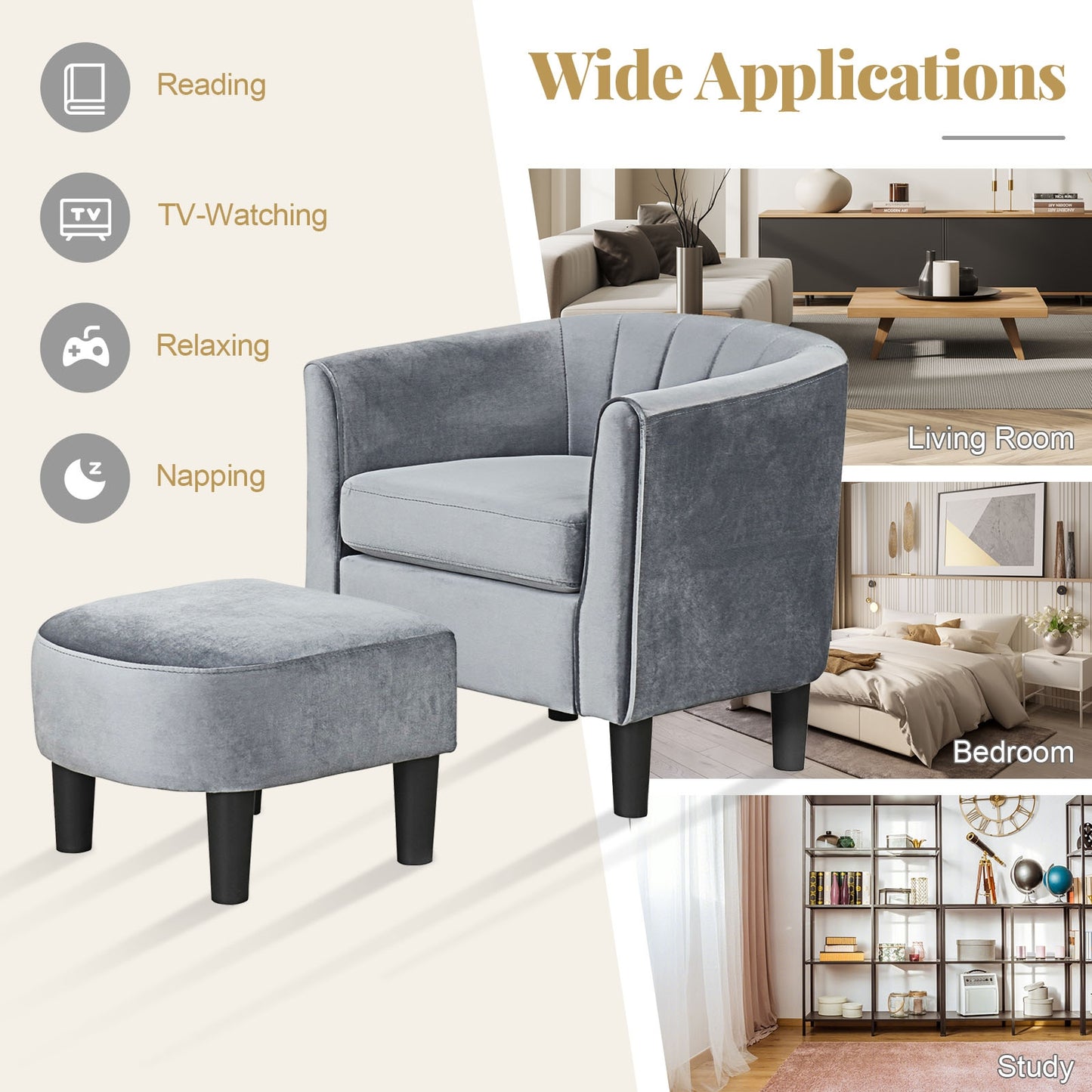 Teddy Velvet Club Barrel Chair With Ottoman, Gray Accent Chairs at Gallery Canada