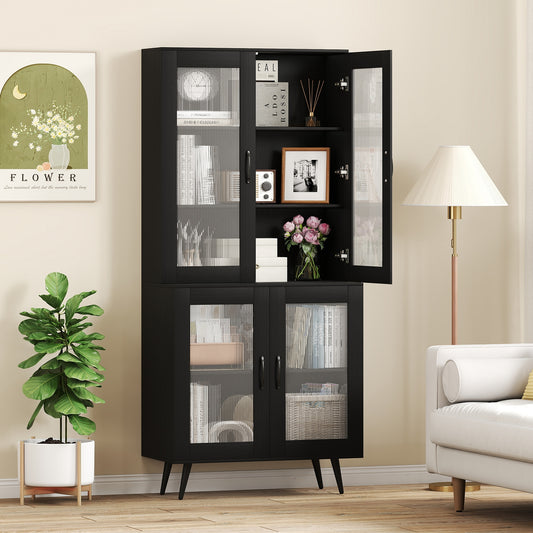 70.5 Inch Kitchen Pantry Cabinet, 4 Transparent Doors, Black Sideboards Cabinets & Buffets Black at Gallery Canada
