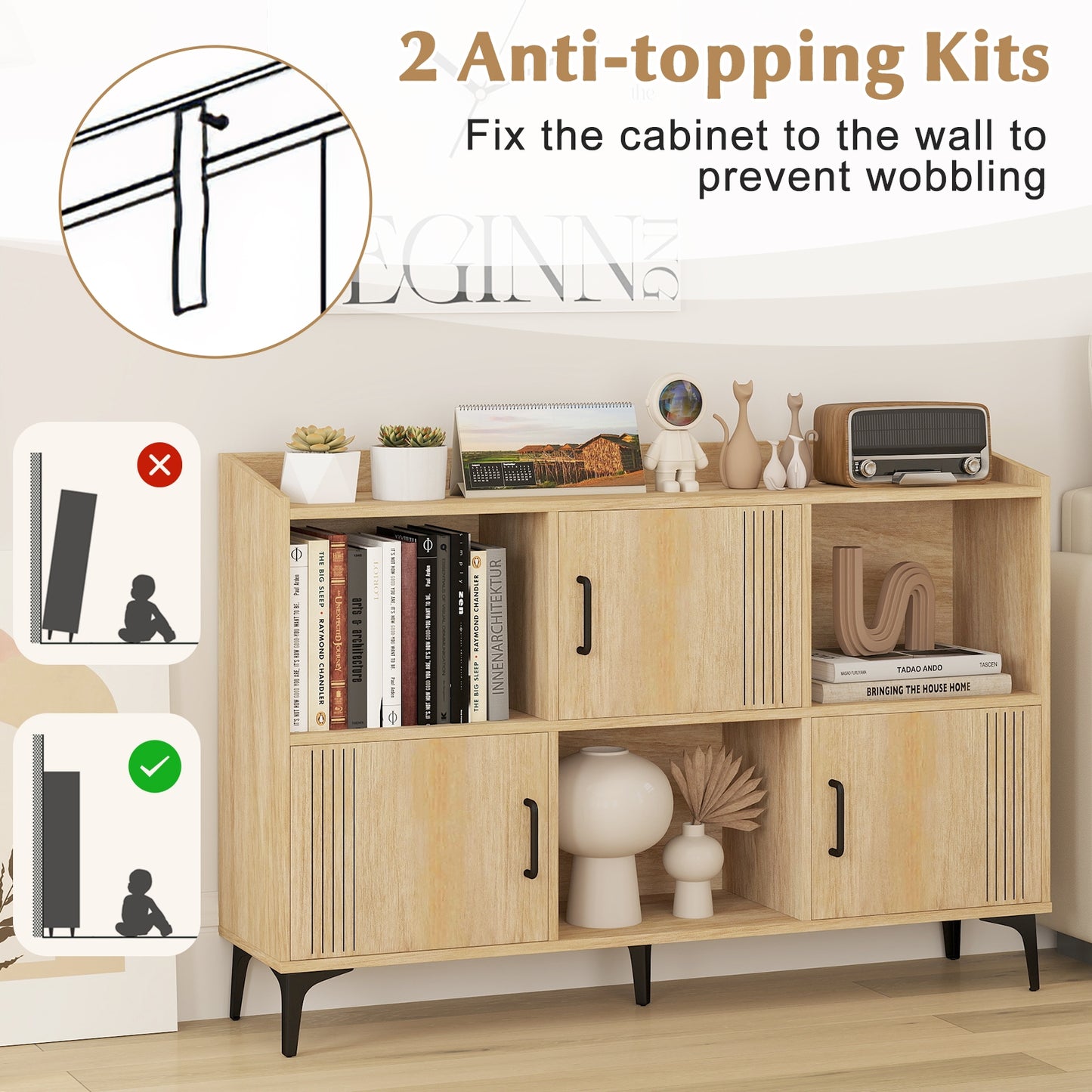 Sideboard Storage Cabinet Bookcase with 3 Doors and Open Compartments, Oak Cabinets & Chests at Gallery Canada