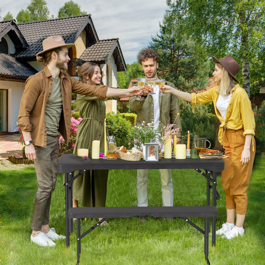 Outdoor Folding Table Bench Set, All-Weather HDPE Tabletop, Black Patio Dining Sets Black at Gallery Canada