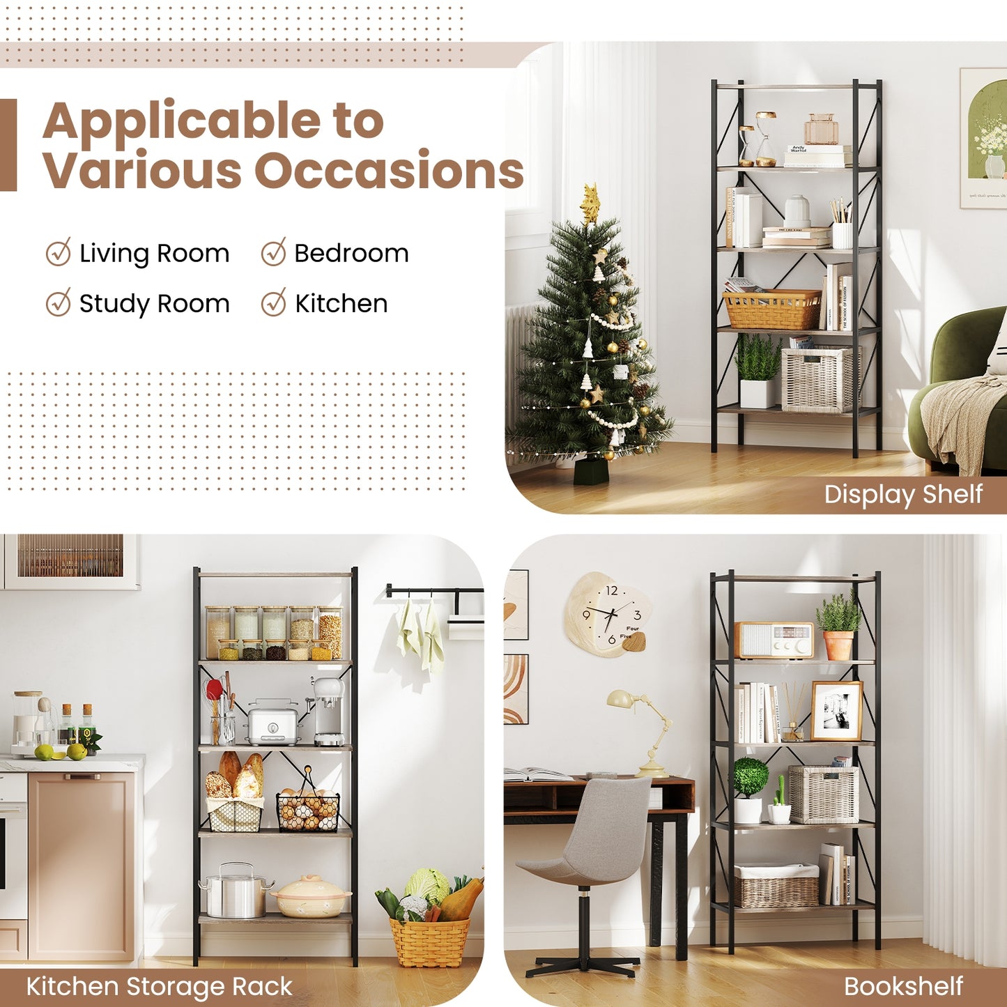 5-Tier Bookshelf, Open Shelves, Heavy Duty Metal Frame, Gray Bookcases at Gallery Canada