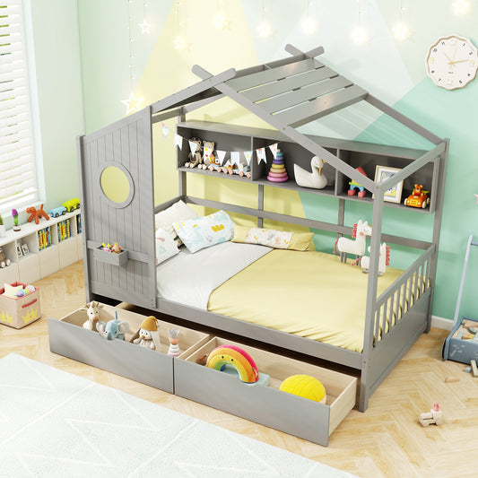 Twin Size House Bed, 2 Storage Drawers, Fence Guardrails, Gray Simple Bed Frame Gray at Gallery Canada