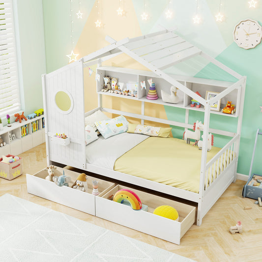 Twin Size House Bed, 2 Storage Drawers, Fence Guardrails, White Simple Bed Frame White at Gallery Canada