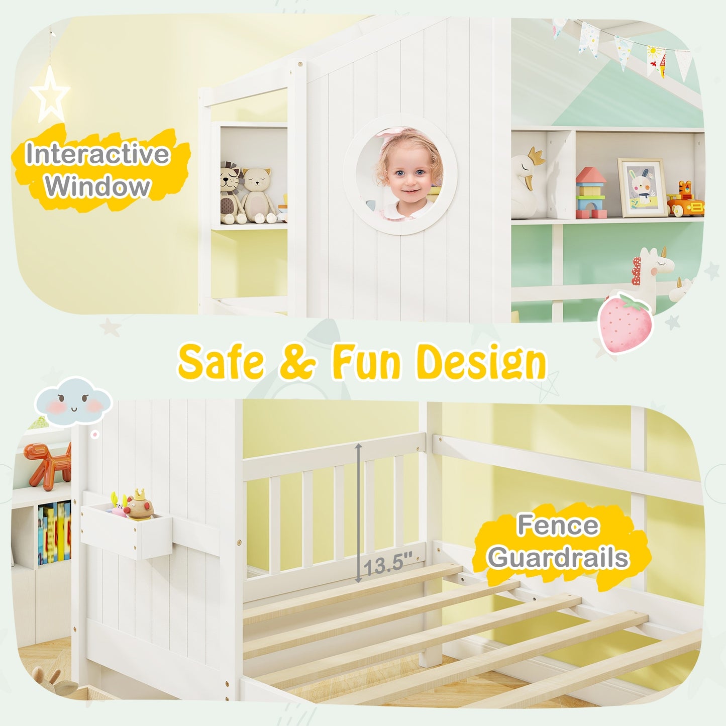 Twin Size House Bed with 2 Storage Drawers and Fence Guardrails, White Simple Bed Frame at Gallery Canada