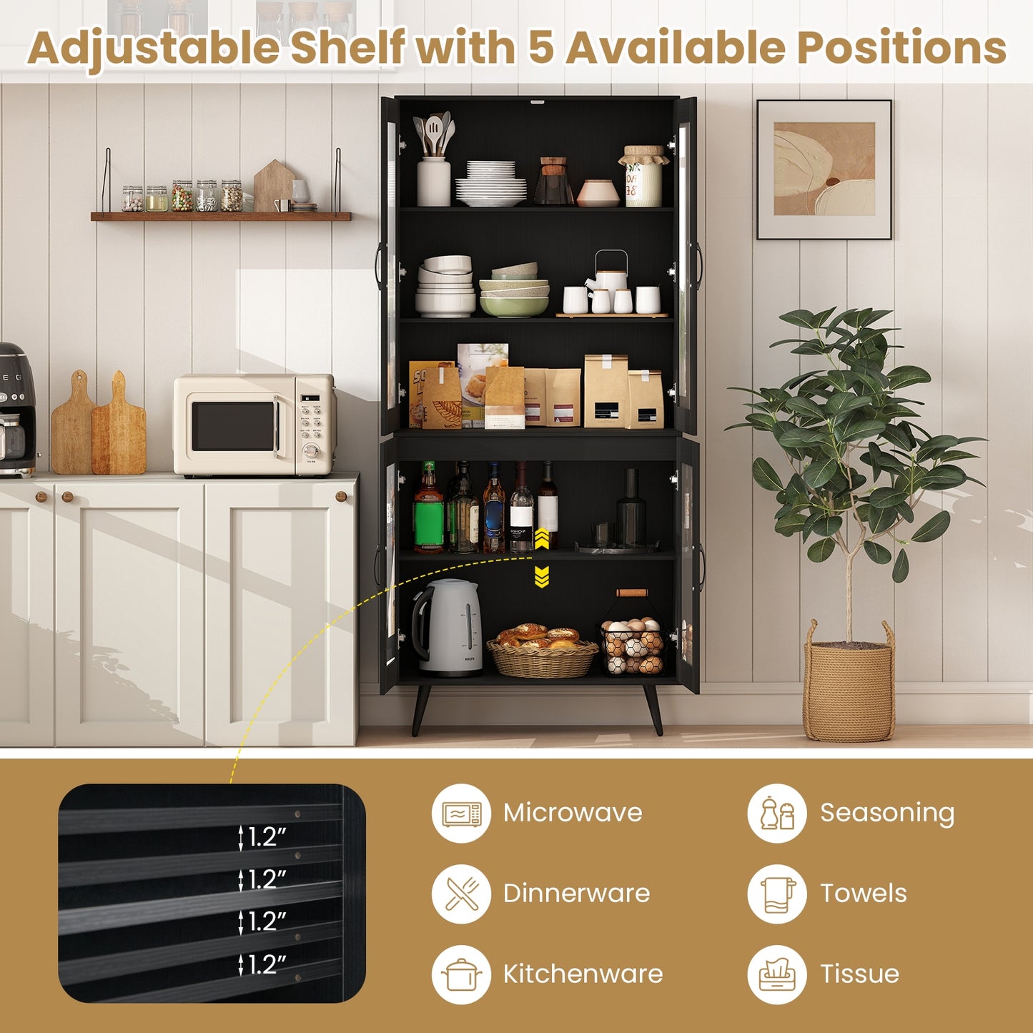 70.5 Inch Kitchen Pantry Cabinet, 4 Transparent Doors, Black Sideboards Cabinets & Buffets at Gallery Canada