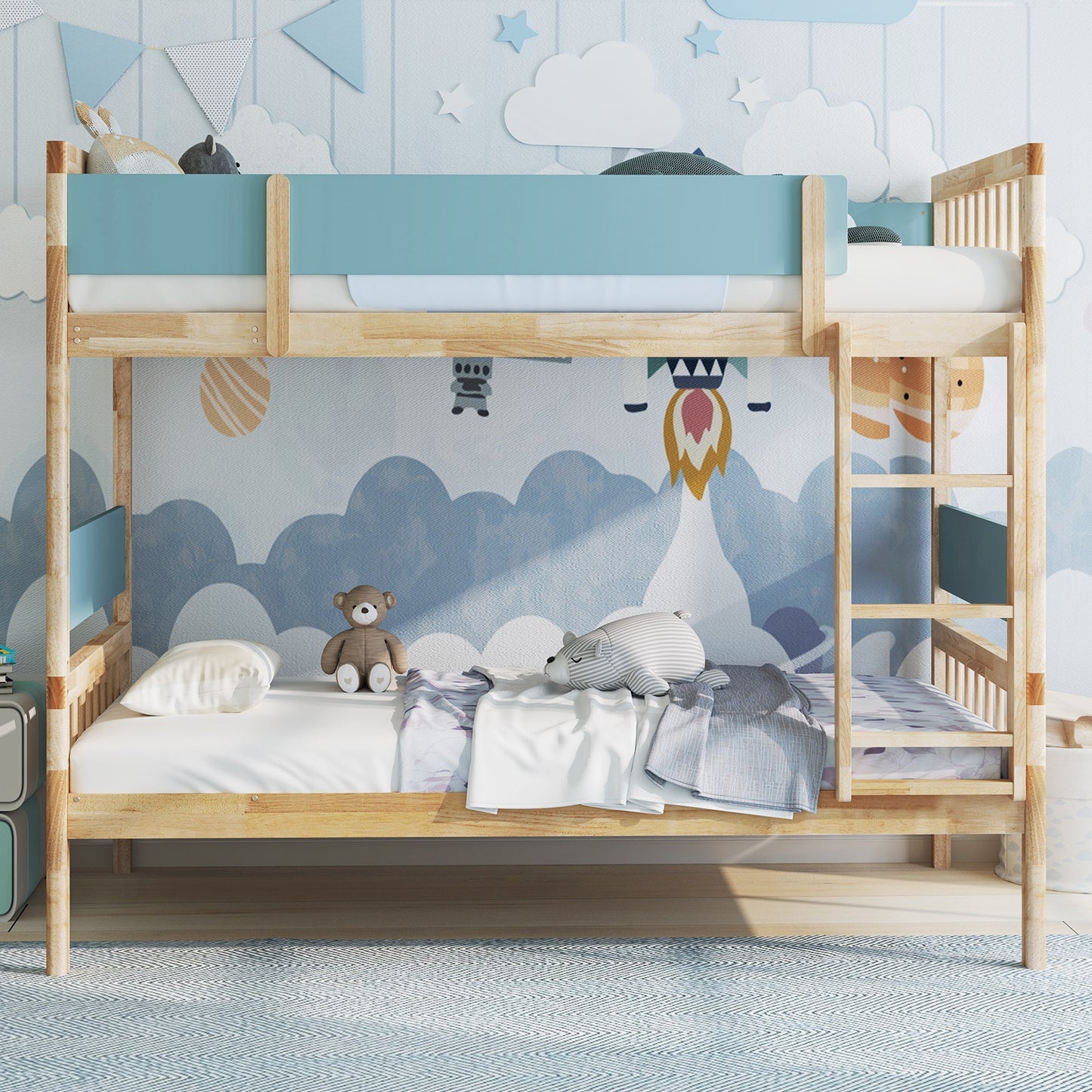 Twin Over Twin Bunk Bed, With Ladder And Guardrails, Natural Bunk Bed Frame at Gallery Canada