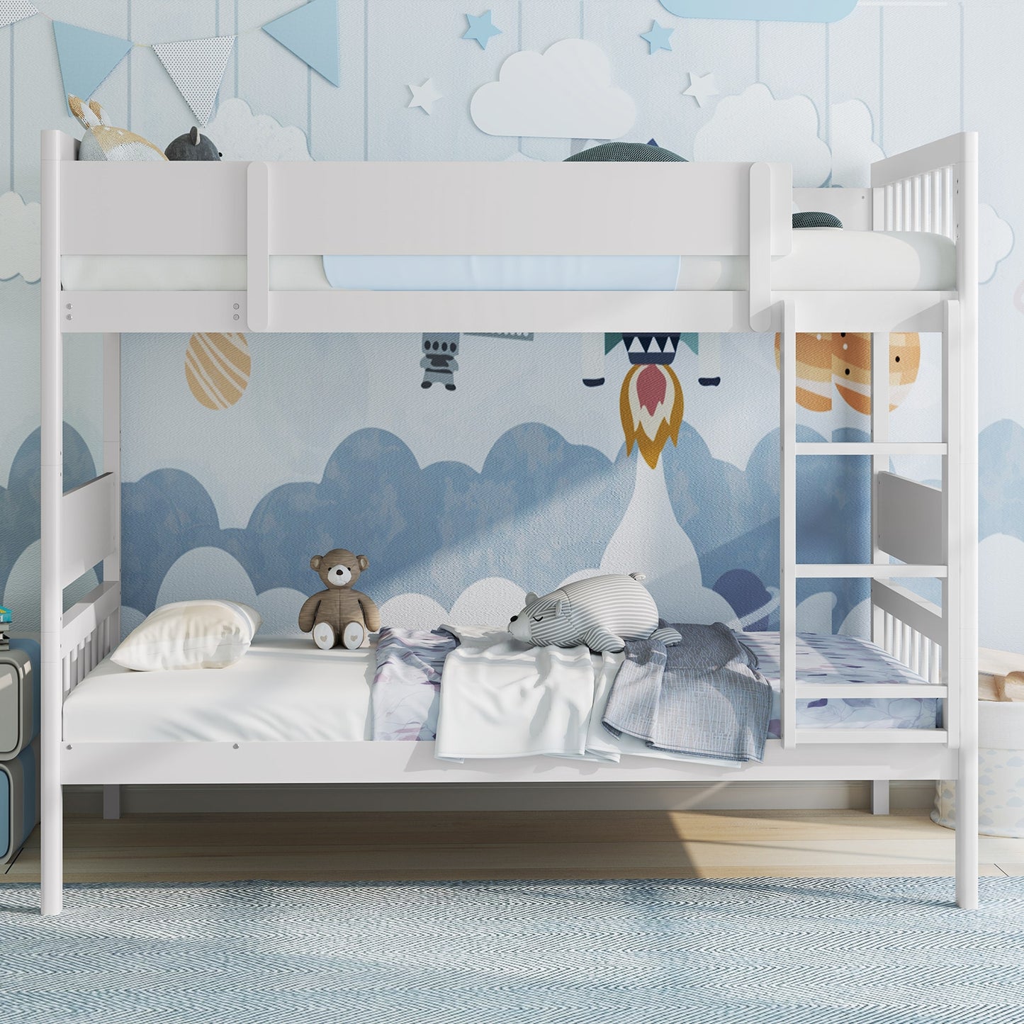 Twin Over Twin Bunk Bed with Ladder and Full-length Guardrails, White Bunk Bed Frame at Gallery Canada