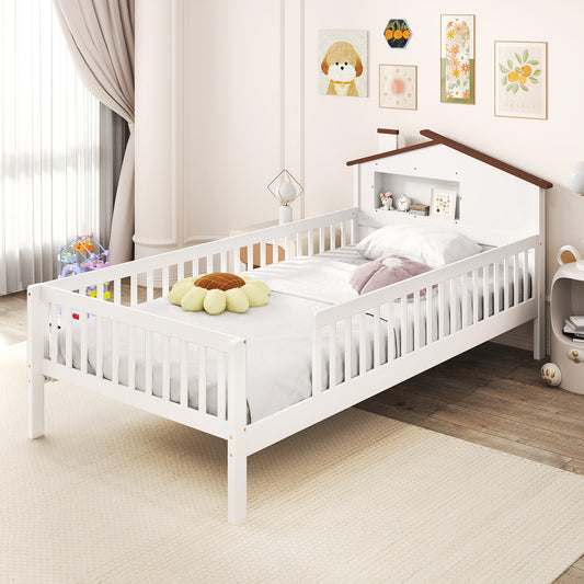Twin Size Montessori Bed, House Headboard, Storage Shelf, White Simple Bed Frame White at Gallery Canada