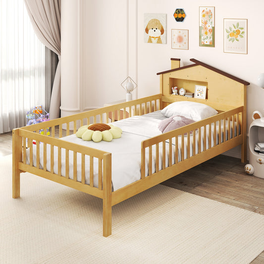 Lit Montessori Taille Jumeau, Tête de Lit en Forme de Maison, Étagère de Rangement, Naturel
