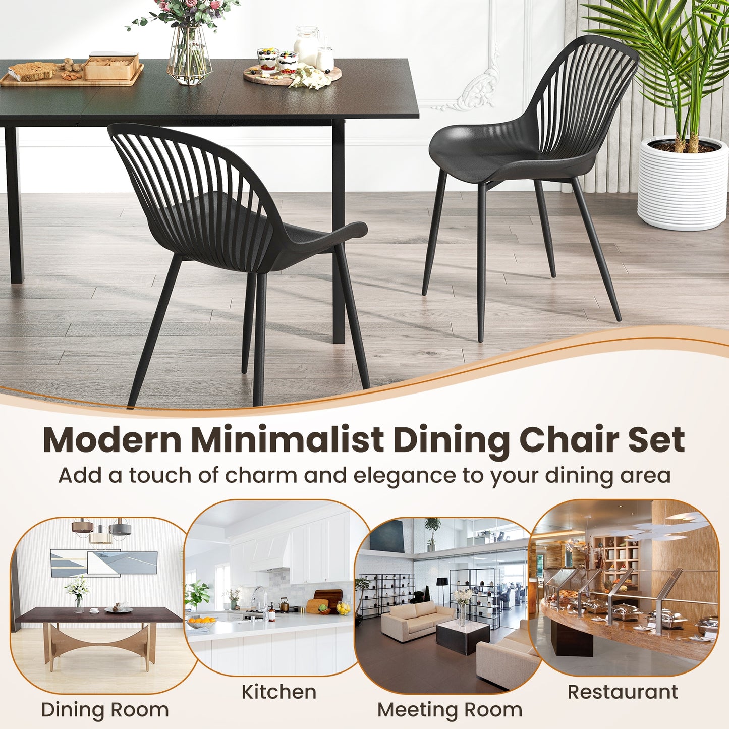 Modern Kitchen Chairs, Metal Legs, Cutout Backrest, Curved Seat, Black
