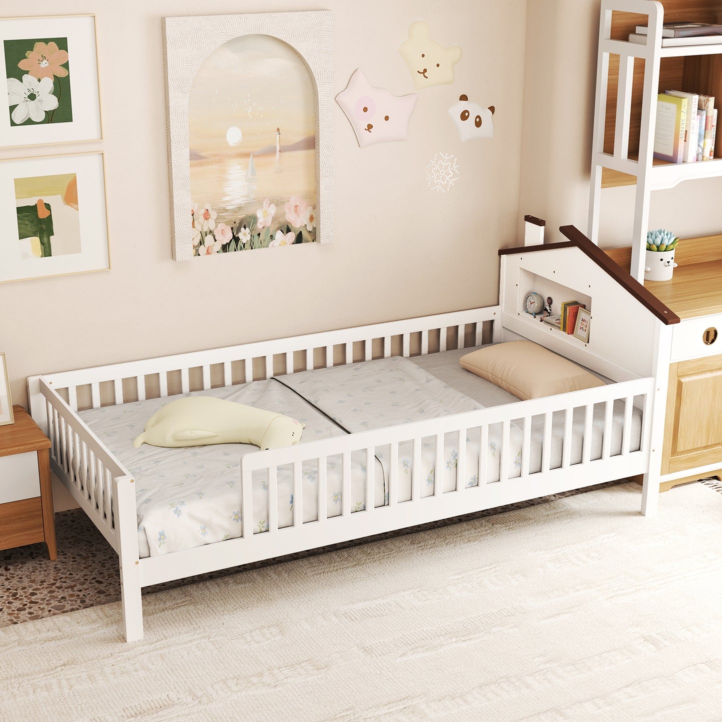 Twin Size Kids Montessori Bed with House-Shaped Headboard and Built-in Storage Shelf, White Simple Bed Frame at Gallery Canada