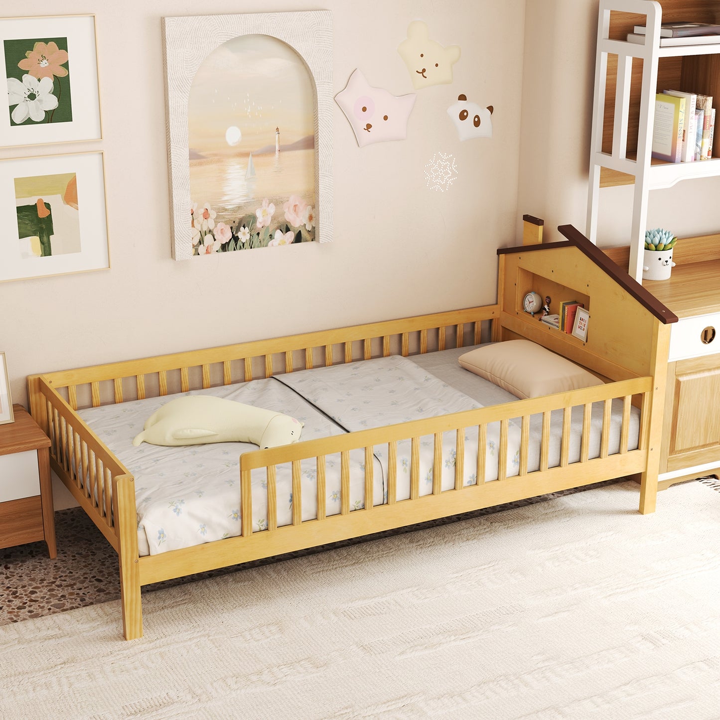Twin Size Montessori Bed, House-Shaped Headboard, Storage Shelf, Natural Simple Bed Frame at Gallery Canada