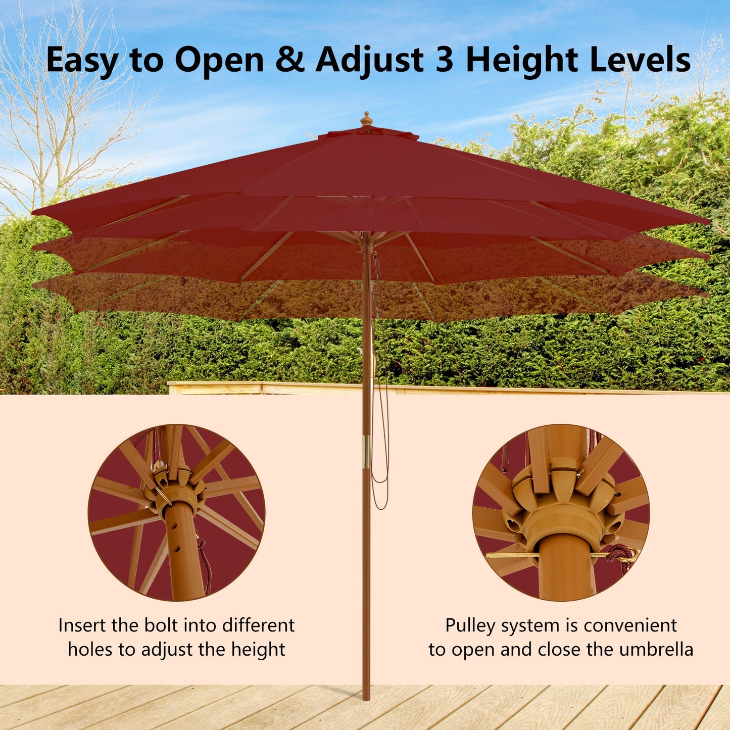 10 Feet Patio Umbrella with 8 Wooden Ribs and 3 Adjustable Heights, Wine Outdoor Umbrellas at Gallery Canada