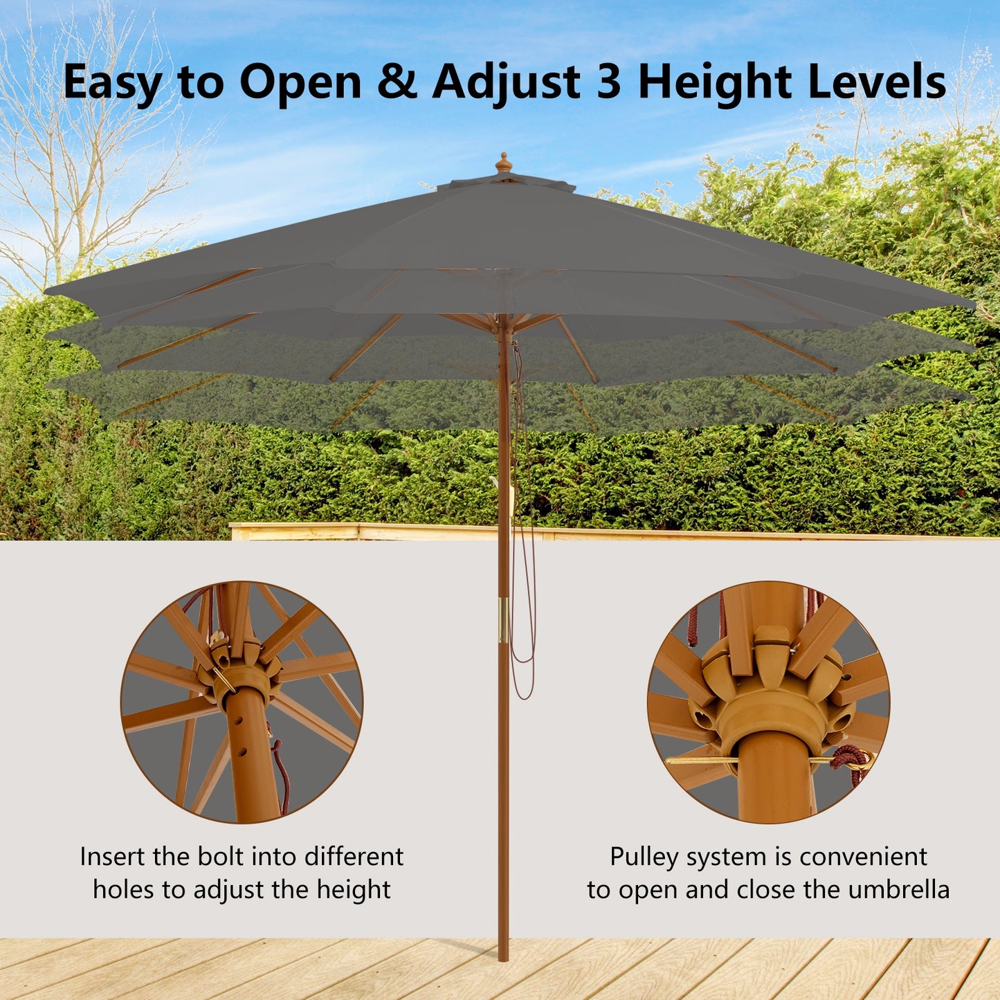 10 Feet Patio Umbrella with 8 Wooden Ribs and 3 Adjustable Heights, Gray Outdoor Umbrellas at Gallery Canada