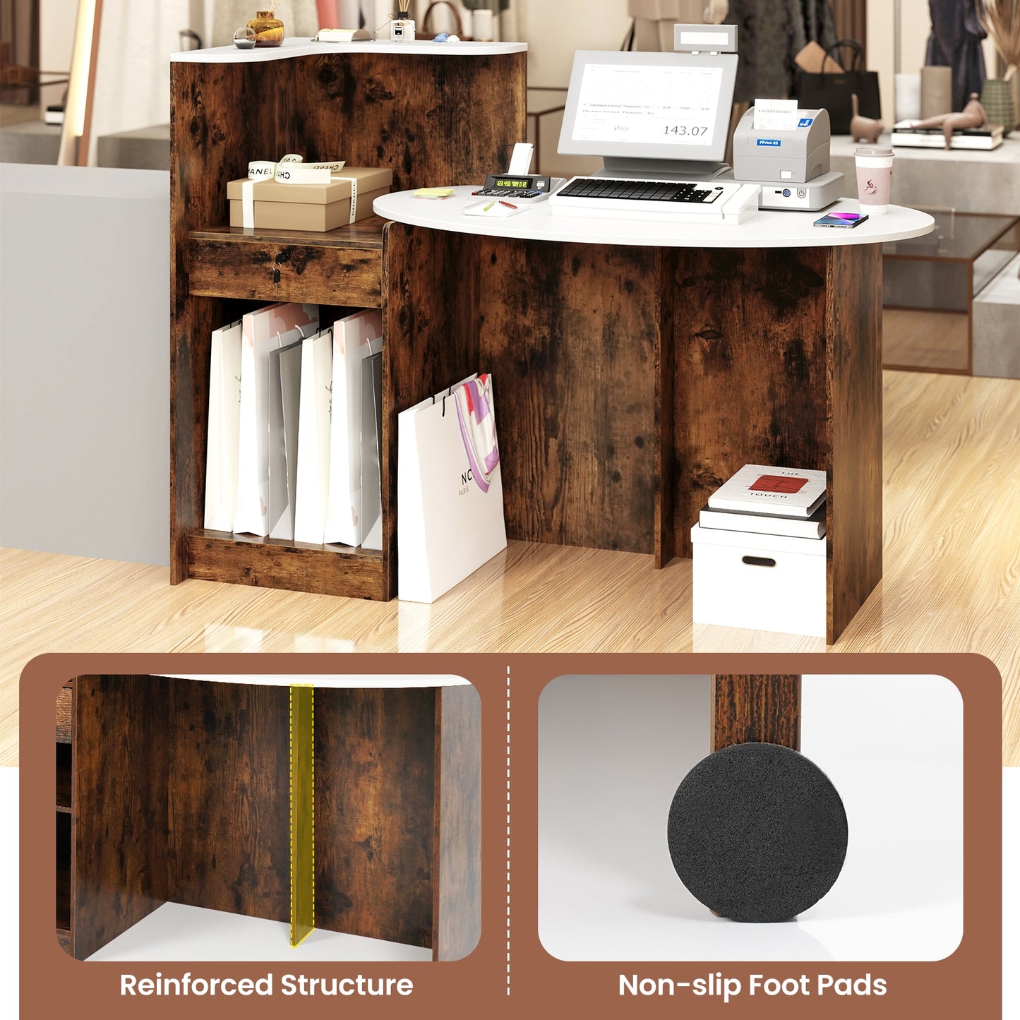 Modern Reception Desk Front Counter Desk with Oval Tabletop, Rustic Brown Computer Desks at Gallery Canada