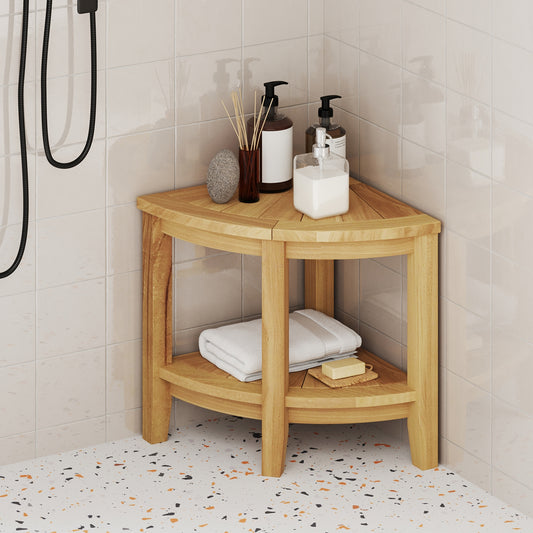 Teak Wood Shower Bench With Storage Shelf, Natural