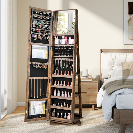 360° Swivel Jewelry Armoire Standing Jewelry Organizer with Full Length Mirror and Back Shelves, Rustic Brown Jewelry Armoires Rustic Brown at Gallery Canada