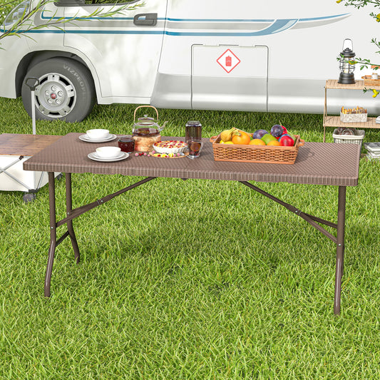 5FT Folding Picnic Table, Rattan Grain HDPE Tabletop, Sturdy Metal Frame, Coffee Patio Dining Tables Coffee at Gallery Canada