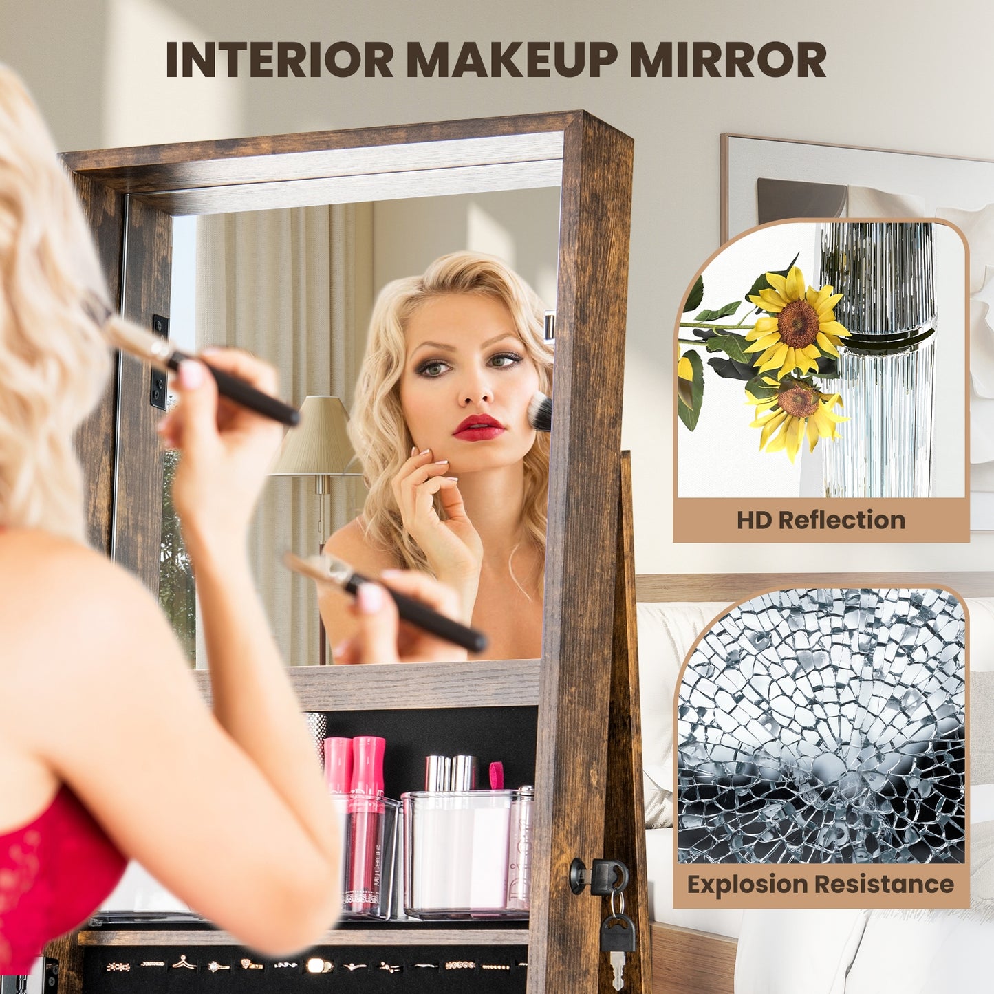 360° Swivel Jewelry Armoire Standing Jewelry Organizer with Full Length Mirror and Back Shelves, Rustic Brown Jewelry Armoires at Gallery Canada