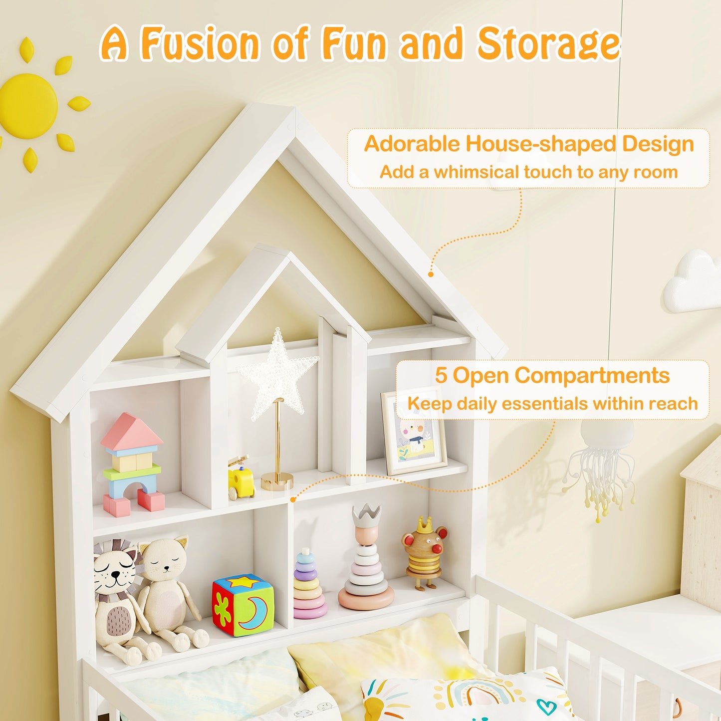 Twin Size House Bed, Montessori Kids Bed With Storage Headboard, White Trundle Bed Frame at Gallery Canada