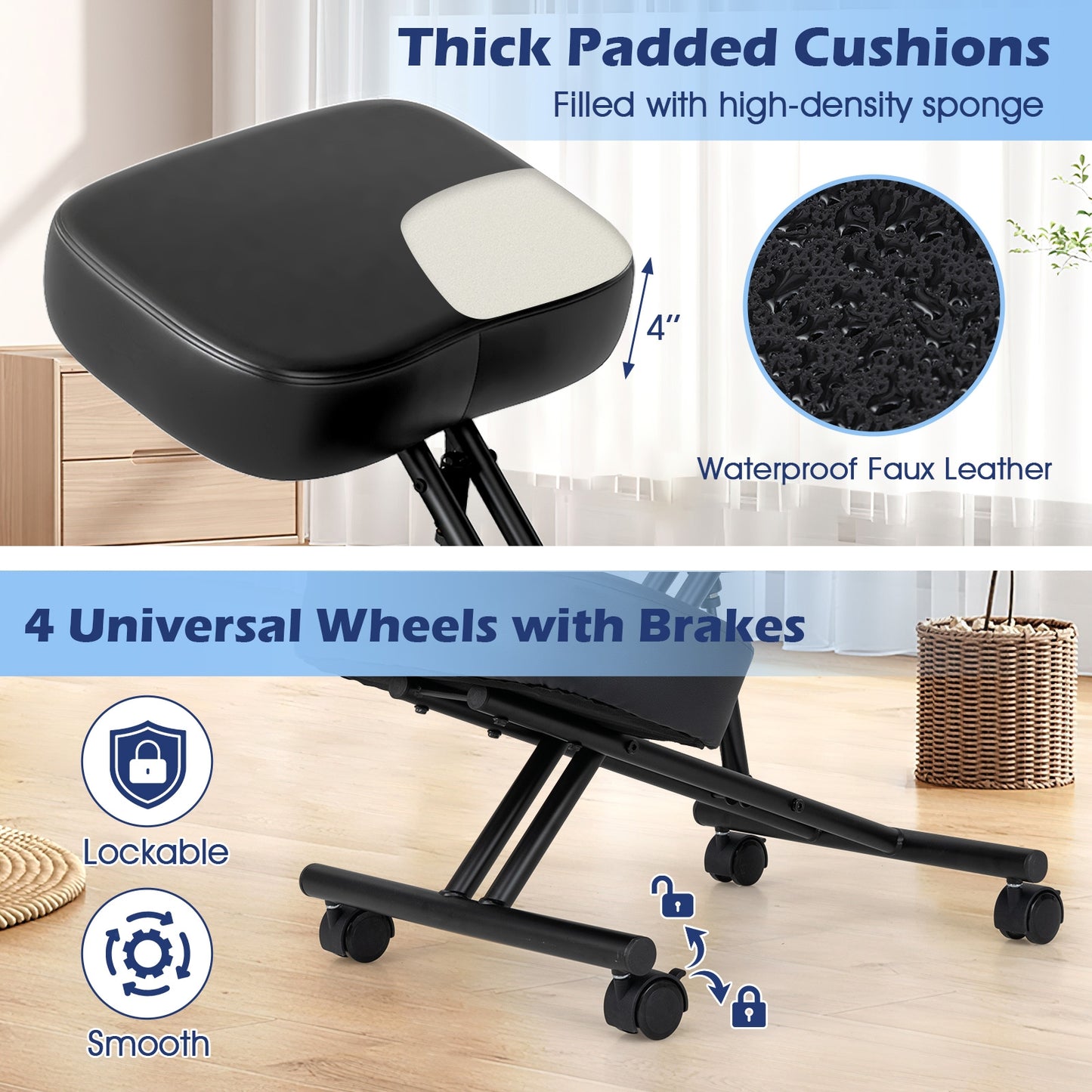 Height Adjustable Kneeling Chair, Posture Correction Stool, Black Kneeling Chairs at Gallery Canada